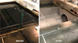 before and after photos of dirty and clean tank after clarifier cleaning Blue Earth Products The Science of Safe Water