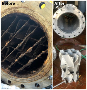 before and after photos of dirty and clean infrastructure equipment treated by Blue Earth Products The Science of Safe Water