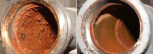 example of before and after pipes before and after being treated with cleaner from Blue Earth Products The Science of Safe Water