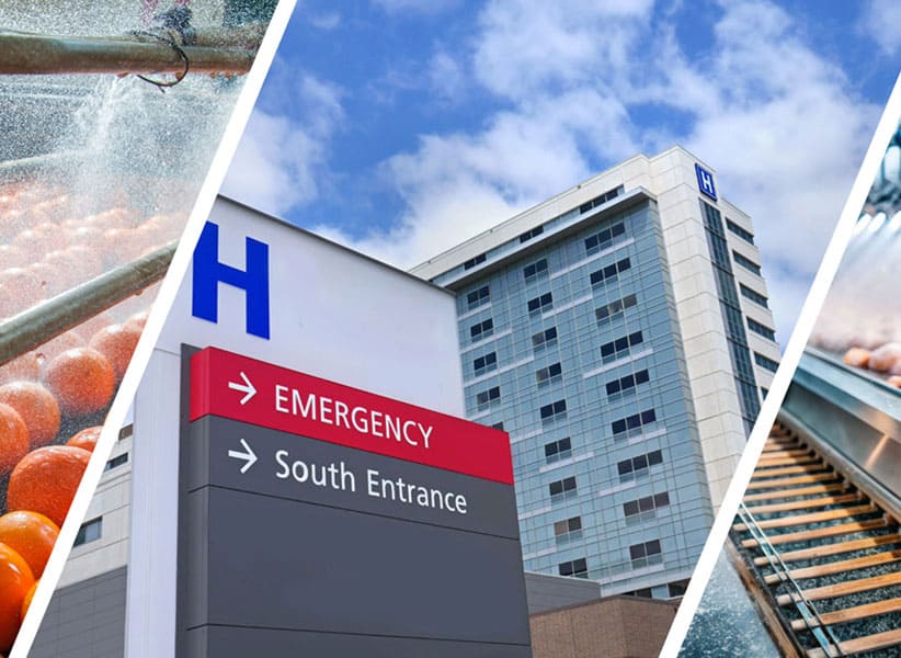 Hero Commercial Industrial Water - alternate - showing cooling towers, cleaning fruit, meat, a hospital entrance - Blue Earth Products