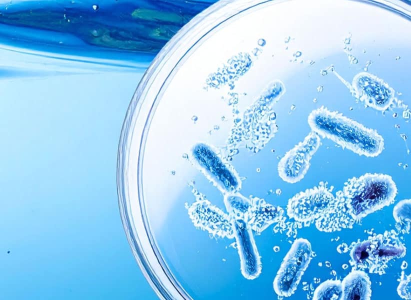 Hero Legionella & Control Prevention image of blue water with Petrie dish of bacteria Blue Earth Products