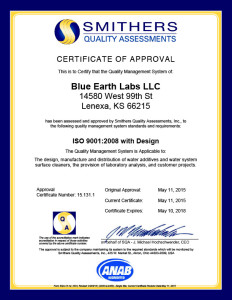 Blue Earth Products The Science of Safe Water certification for ISO 9000 in 2008